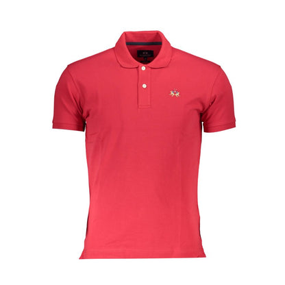 La Martina Red Cotton Men Polo Shirt with logo embroidery, slim fit short sleeve design, elegant and stylish attire.