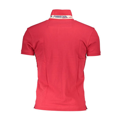 Back view of La Martina Red Cotton Men Polo Shirt, showcasing sleek design with iconic embroidery and slim fit elegance.