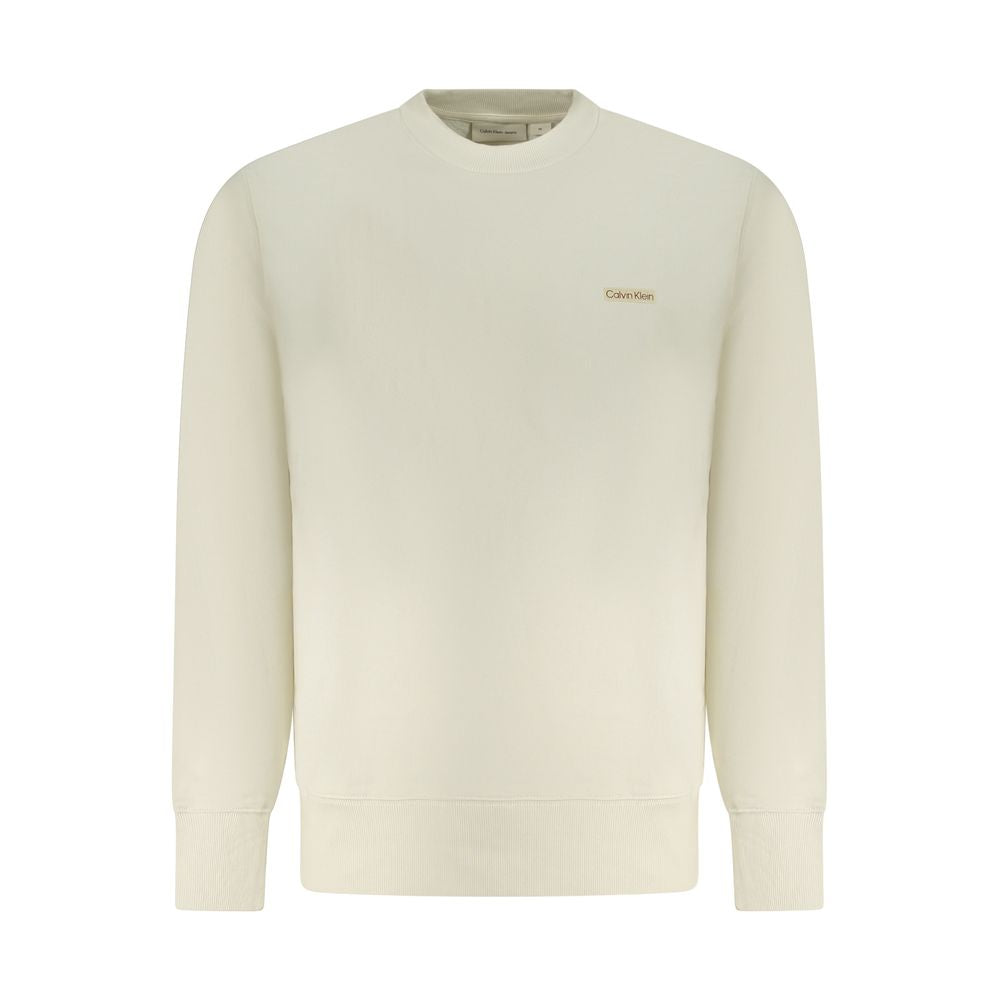 Calvin Klein Beige Cotton Men Sweater with long sleeves, featuring a luxurious brushed fabric for comfort and sustainability.