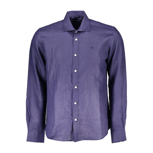 North Sails Blue Linen Men Shirt with long sleeves, Italian collar, and 1-button cuffs, showcasing sophistication and comfort.