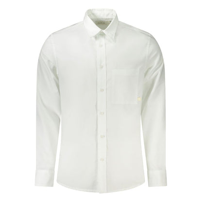 Calvin Klein White Cotton Men Shirt with Italian collar and 1-button cuffs, perfect for office to evening transition.