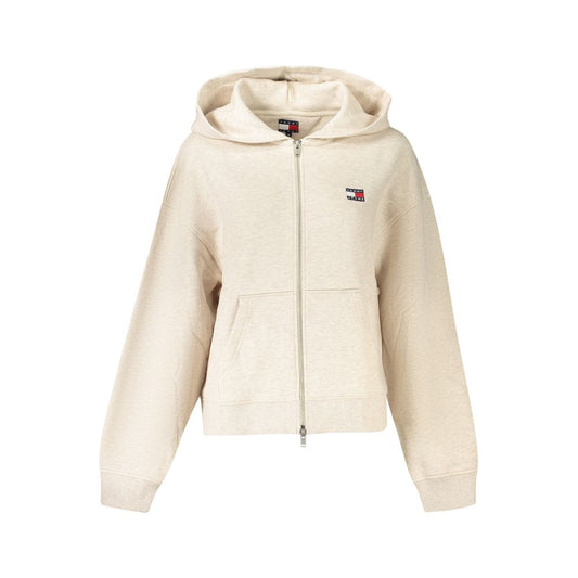Tommy Hilfiger Beige Cotton Women Sweater with hood, zipper, and logo embroidery