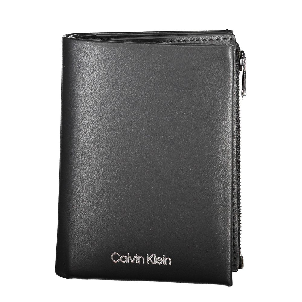 Calvin Klein Black Leather Men Wallet featuring durable leather and advanced RFID protection with card storage and coin purse.