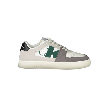 Calvin Klein White Polyester Men Sneaker with black-green accents, featuring a removable footbed for comfort and luxury branding.