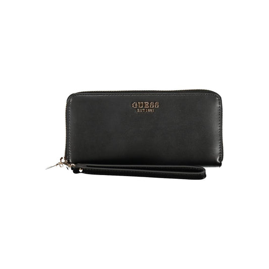 Alt Tag: Guess Jeans Black Polyethylene Wallet with zip closure, 4 compartments, coin purse, double card spaces, external pocket, and logo.