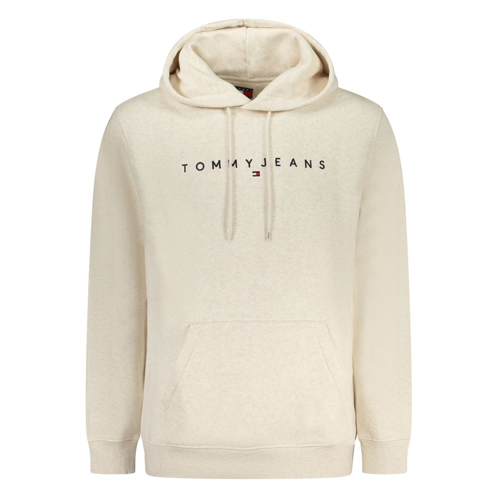 Tommy Hilfiger Beige Cotton Men Sweater with embroidered logo, hooded design, and kangaroo pocket. Fashionable and eco-conscious choice.