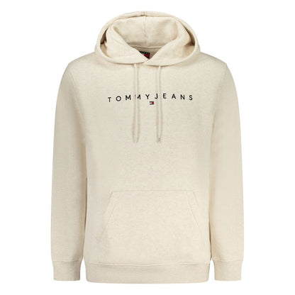 Tommy Hilfiger Beige Cotton Men Sweater with embroidered logo, hooded design, and kangaroo pocket. Fashionable and eco-conscious choice.