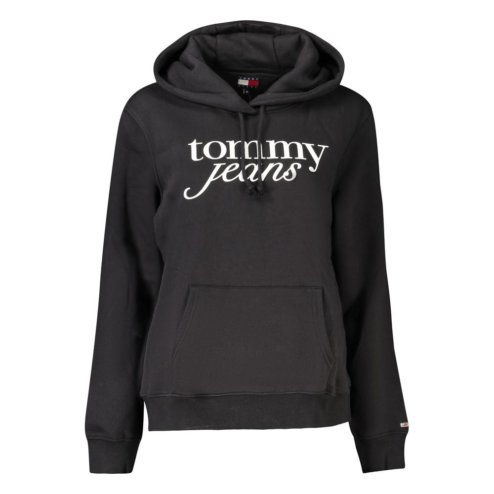 Tommy Hilfiger Black Cotton Women Sweater with logo, long sleeves, hood, and front pocket, perfect for casual and stylish occasions.
