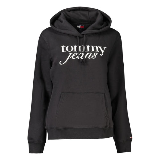 Tommy Hilfiger Black Cotton Women Sweater with hood, featuring central pocket and logo detail for stylish comfort.