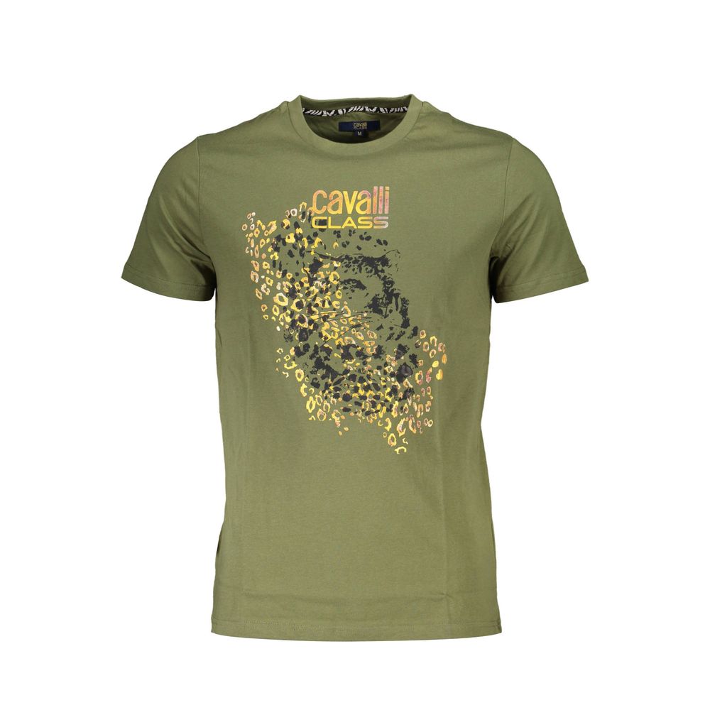 Cavalli Class Green Cotton Men T-Shirt with short sleeves and logo print