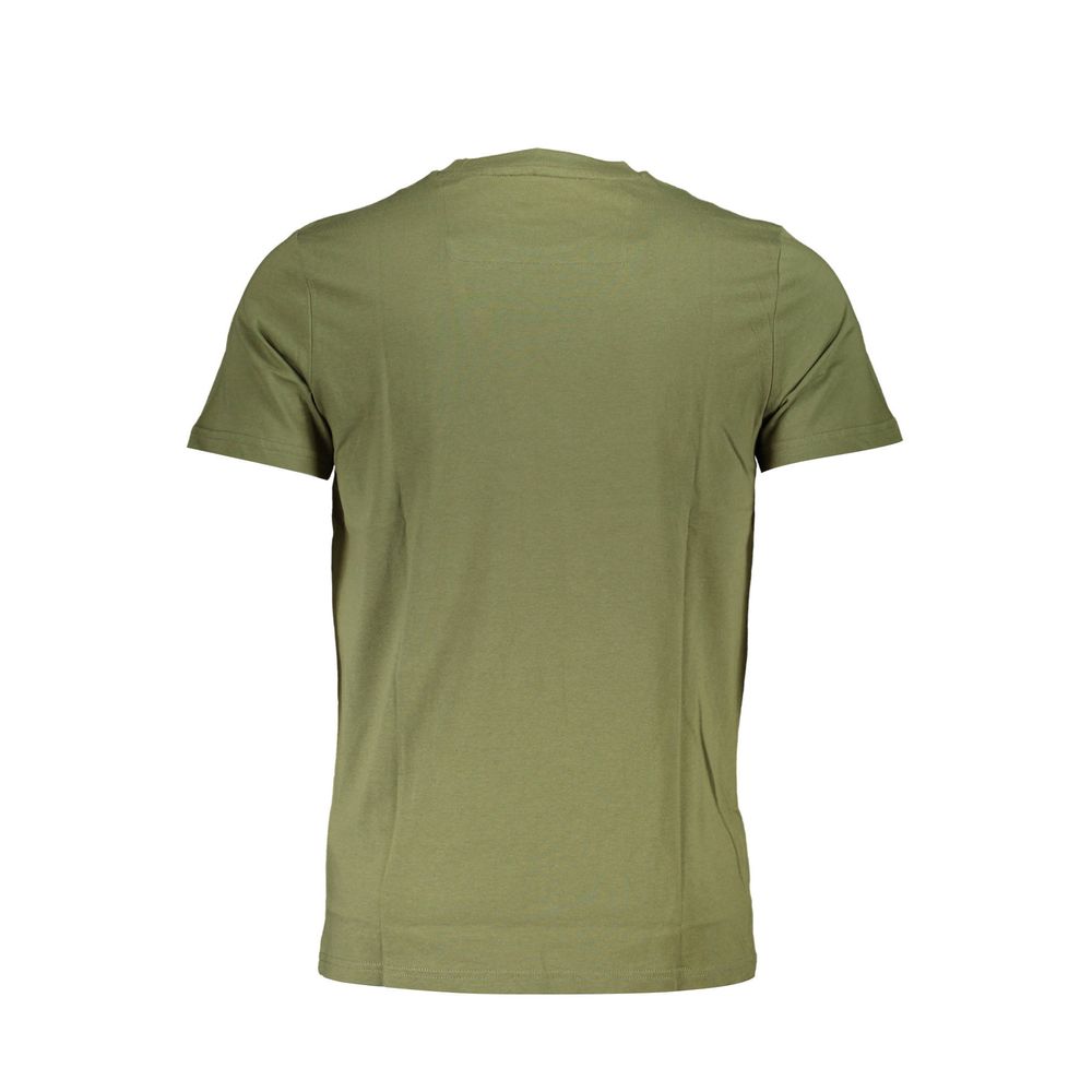Back view of Cavalli Class Green Cotton Men T-Shirt featuring short sleeves and crew neck, showcasing high-end style and comfort.