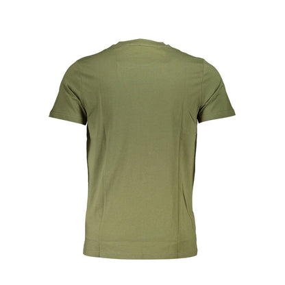 Back view of Cavalli Class Green Cotton Men T-Shirt featuring short sleeves and crew neck, showcasing high-end style and comfort.