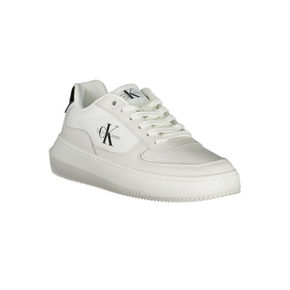 Calvin Klein Sleek White Lace-Up Sneakers with Contrast Details showcasing branded accents and eco-friendly materials.