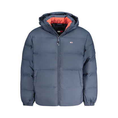 Tommy Hilfiger Blue Recycled Polyester Men's Jacket with removable hood and zip closure, showcasing sustainable fashion.