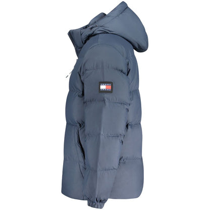 Tommy Hilfiger Blue Recycled Polyester Men's Jacket with hood, two pockets, zip closure, and sustainable design for modern style.