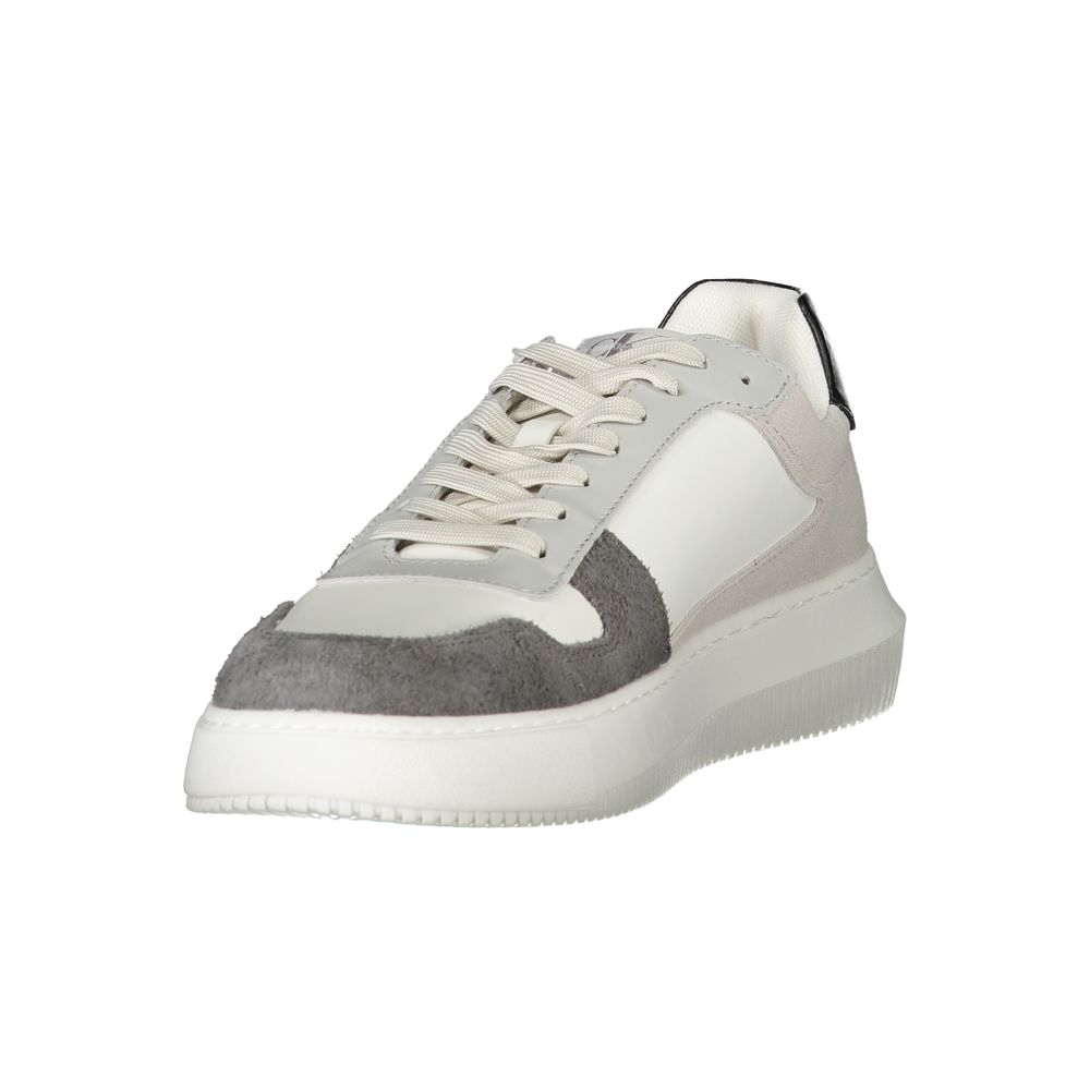 Calvin Klein White Polyethylene Men Sneaker featuring lace-up design and recycled sole for stylish sustainability.