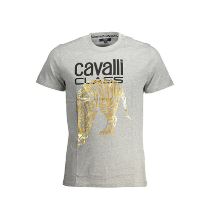 Cavalli Class Brown Cotton Men T-Shirt with bold print and logo, short-sleeved crew neck design for modern fashion enthusiasts.