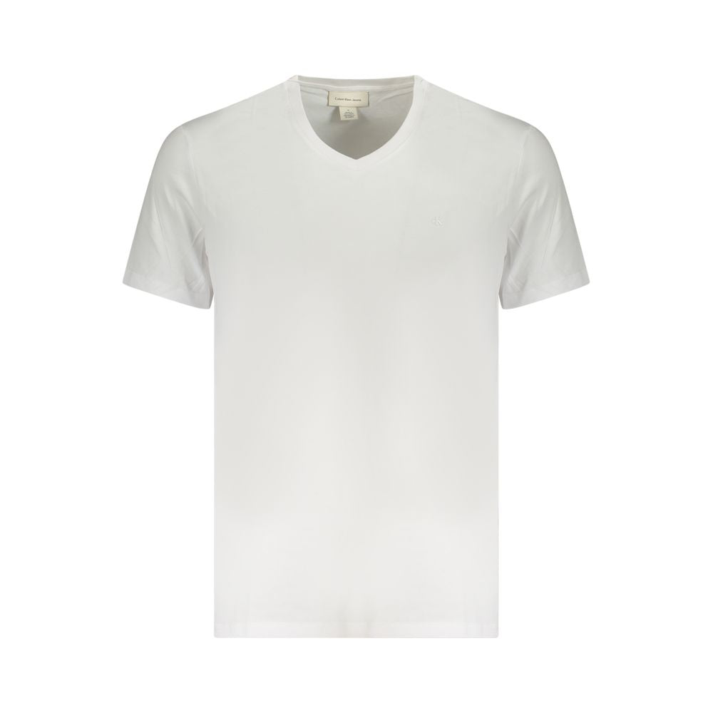 Calvin Klein White Cotton Men T-Shirt with V-neck and logo embroidery, made from breathable cotton for comfort and style.