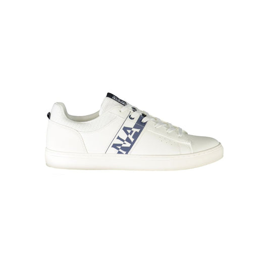 Napapijri White Leather Men Sneaker with bold logo and stylish design, featuring polyester and leather materials, side view.