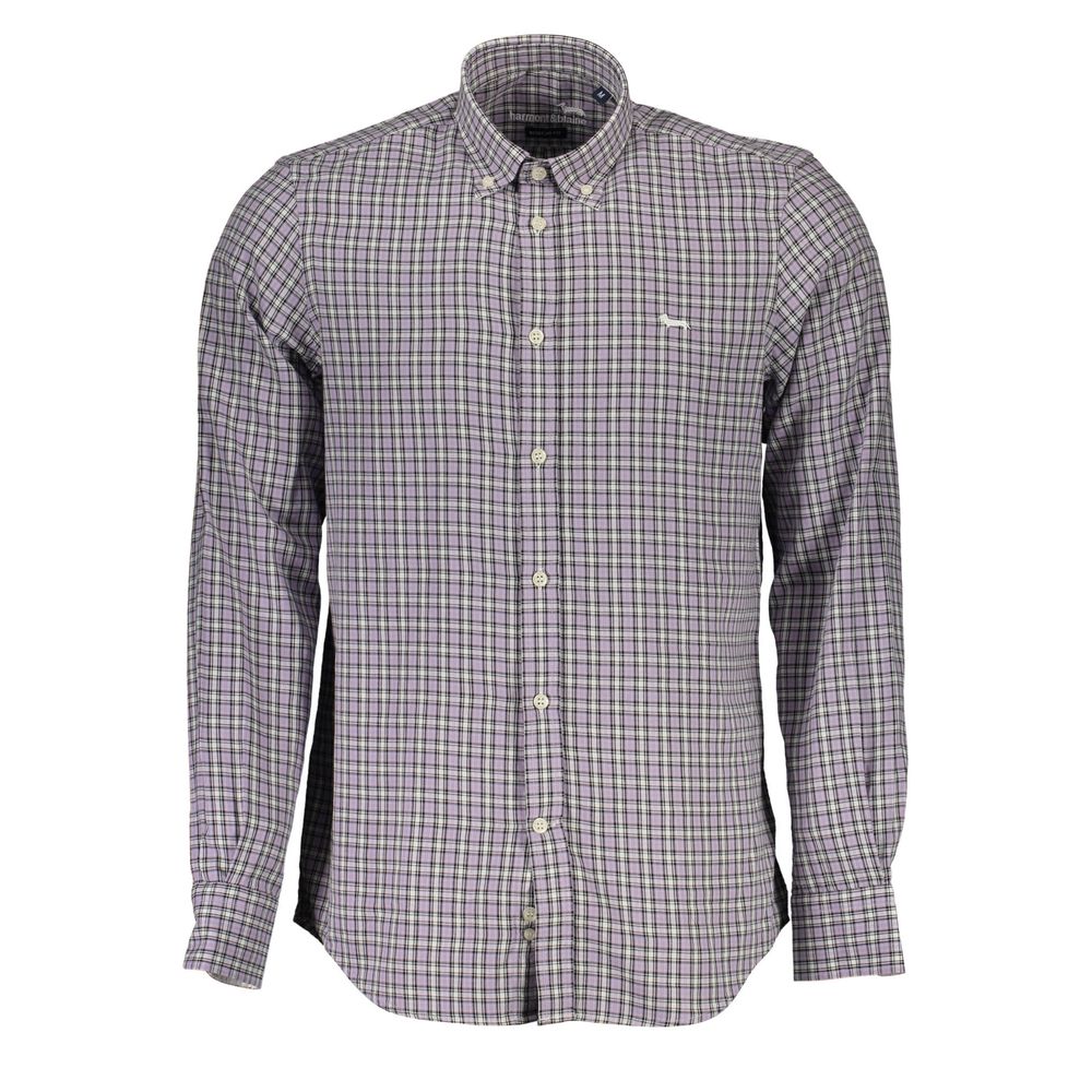 Harmont & Blaine Purple Cotton Men Shirt with long sleeves and button-down collar, featuring contrast cuff for added style.