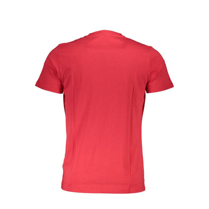 Back view of Cavalli Class Red Cotton Men T-Shirt showcasing premium cotton fabric in vibrant red with a classic crew neck and short sleeves.