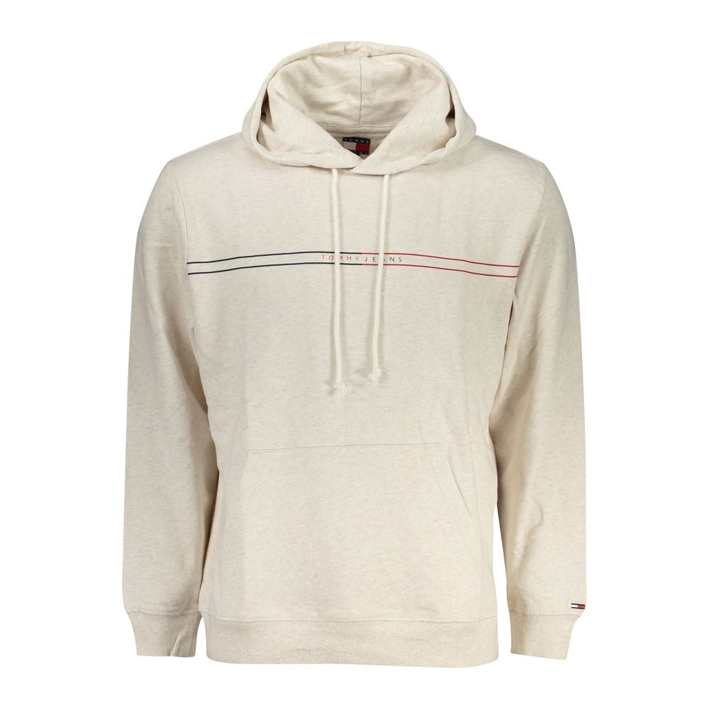 Tommy Hilfiger Beige Cotton Men Sweater with hood and logo, featuring a central pocket, made from 95% regenerative cotton.