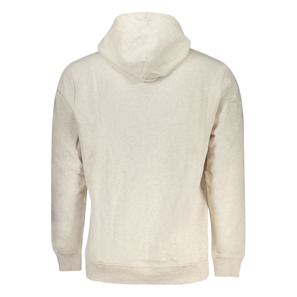 Back view of Tommy Hilfiger Beige Cotton Men Sweater showcasing hood and brushed finish, eco-friendly fashion with logo detail.