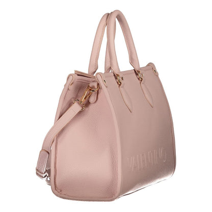 Mario Valentino Pink Polyethylene Handbag with adjustable strap, internal pocket, and logo; view of handbag's side and handles.