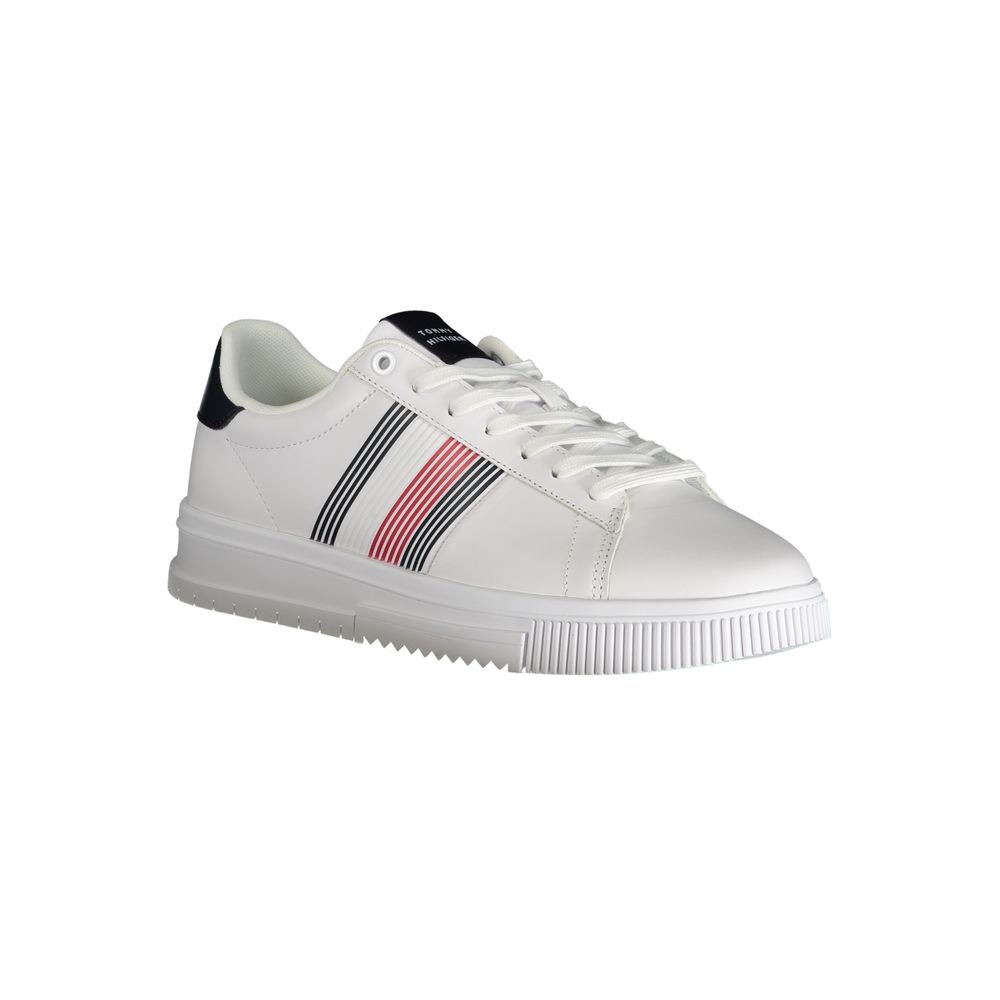 Tommy Hilfiger White Polyester Sneaker with laces and contrast details featuring the iconic logo, perfect for sports activities.