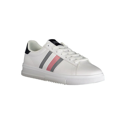 Tommy Hilfiger White Polyester Sneaker with laces and contrast details featuring the iconic logo, perfect for sports activities.