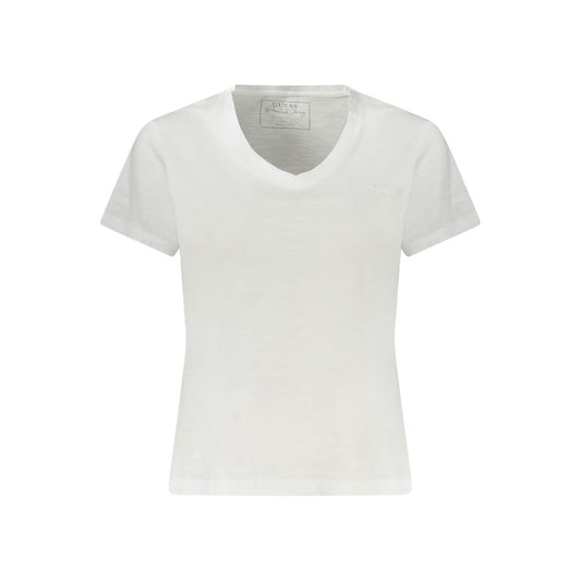 Guess Jeans White Cotton Women T-Shirt with V-neck and delicate embroidery, perfect for casual sophistication and everyday luxury style.