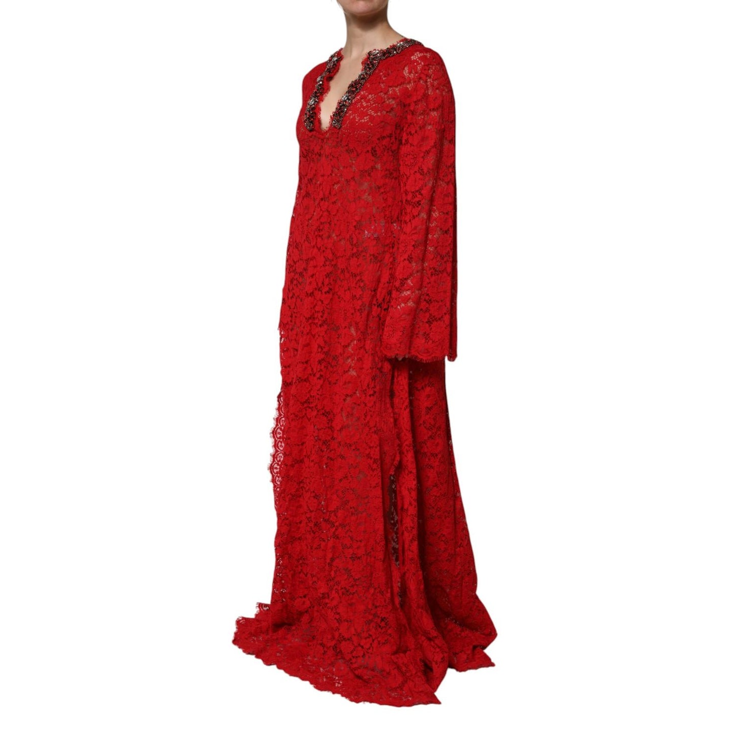 Dolce & Gabbana Red Floral Lace Rhinestone Embellished Dress