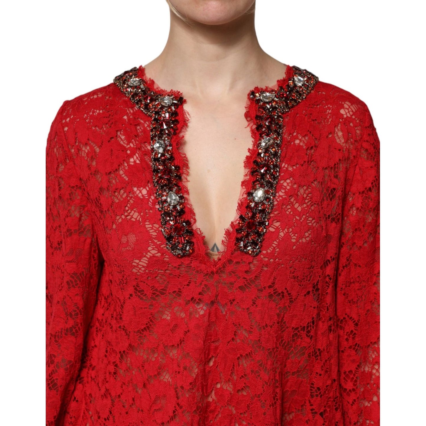 Dolce & Gabbana Red Floral Lace Rhinestone Embellished Dress DR81739-38