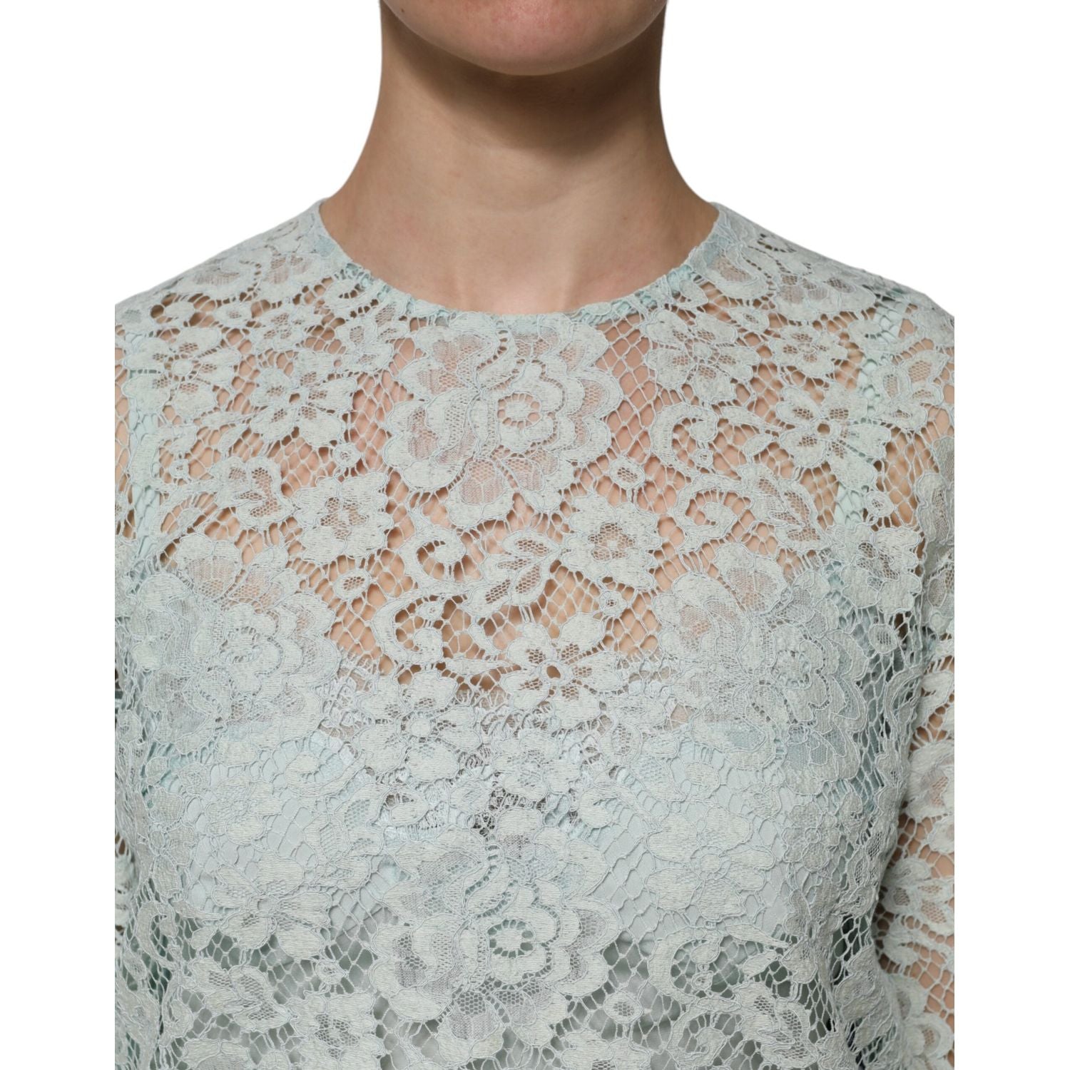 Dolce & Gabbana Mint Green Floral Lace Cotton Blouse Top