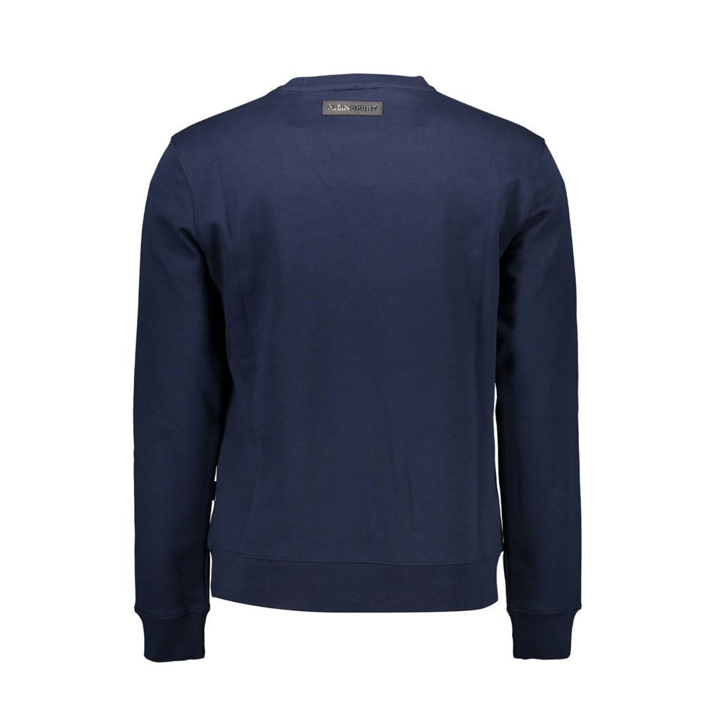 Back view of Plein Sport Blue Cotton Men Sweater, featuring long sleeves and luxury detailing in blue cotton and polyester blend.