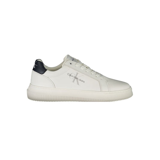 Calvin Klein White Leather Men Sneaker with black details and logo, featuring removable insole for comfort and sustainable materials.