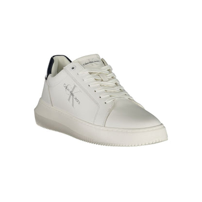 Calvin Klein White Leather Men Sneaker with black details and logo, featuring a removable insole for comfort and sustainable design.