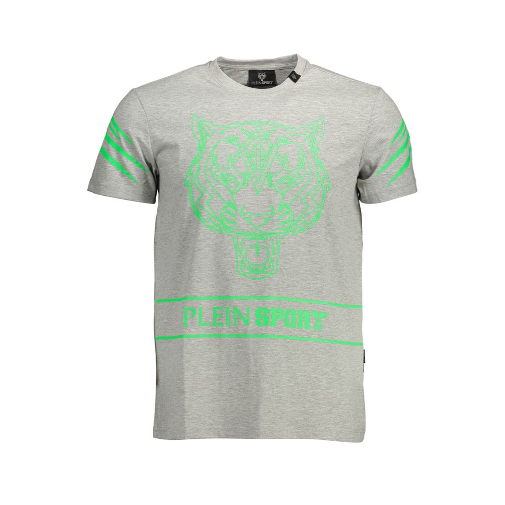 Plein Sport Brown Cotton Men T-Shirt with bold print and iconic logo, featuring short sleeves and crew neck for stylish comfort.