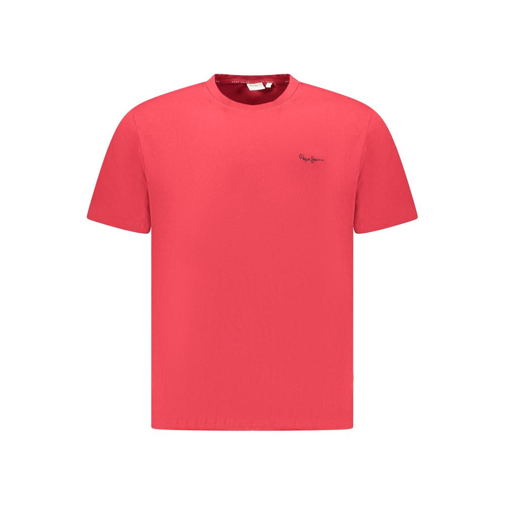 Pepe Jeans Red Cotton Men T-Shirt with crew neck and logo embroidery, made from sustainable cotton, ideal for eco-conscious fashion lovers.
