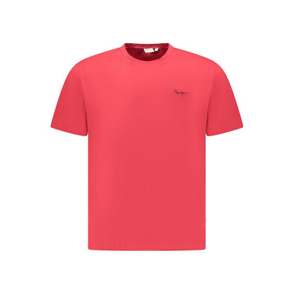 Pepe Jeans Red Cotton Men T-Shirt with crew neck and logo embroidery, made from sustainable cotton, ideal for eco-conscious fashion lovers.
