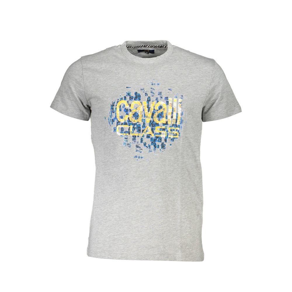Cavalli Class Brown Cotton Men T-Shirt featuring logo on a gray background, short sleeves, crew neck, casual sophistication.