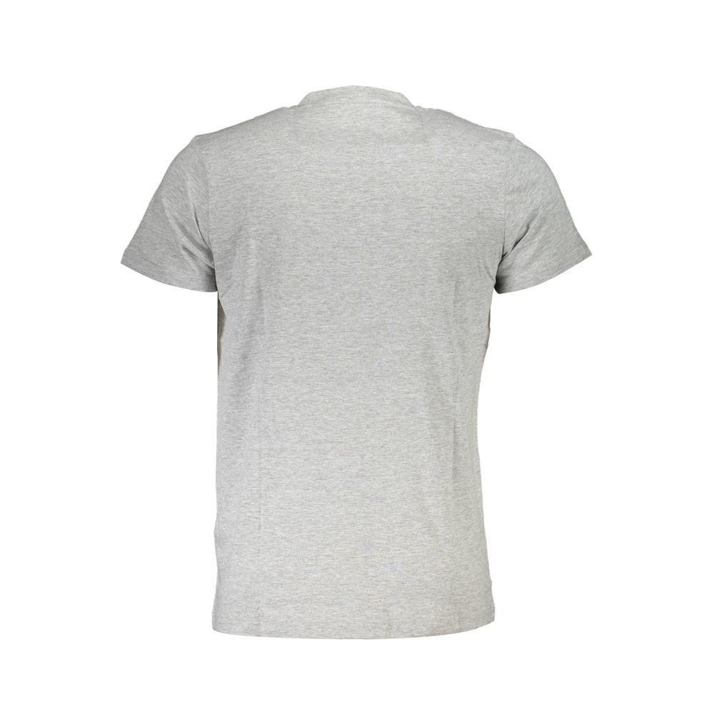 Back view of a gray short-sleeve T-shirt showcasing minimalist design.