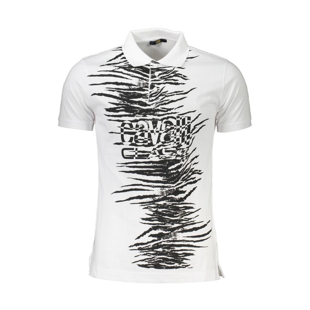 Cavalli Class White Cotton Men Polo Shirt with striking print and iconic logo, showcasing sophistication and modern style.