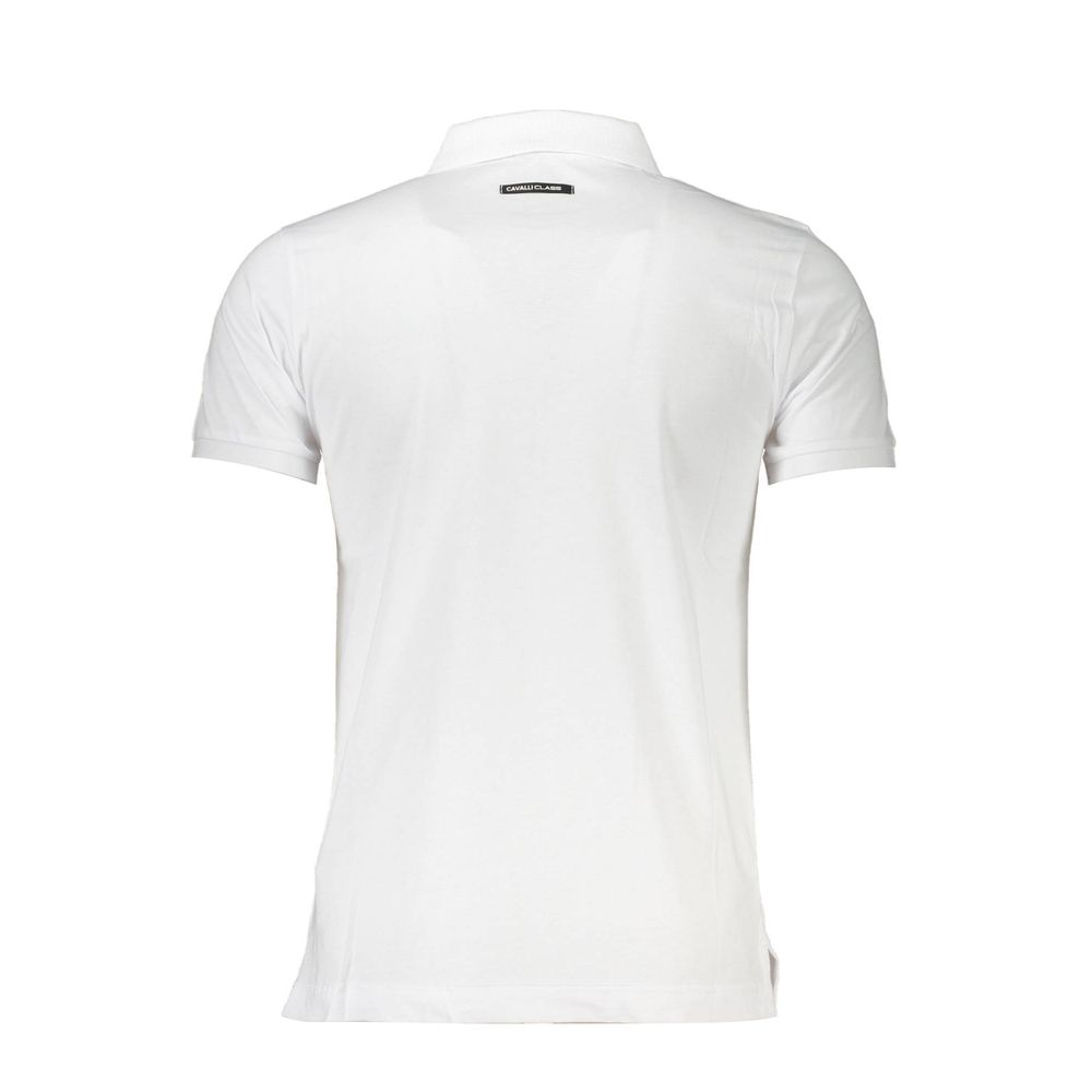 Back view of Cavalli Class White Cotton Men Polo Shirt, showcasing sleek design and iconic logo.