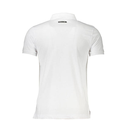 Back view of Cavalli Class White Cotton Men Polo Shirt, showcasing sleek design and iconic logo.