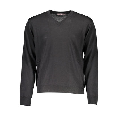Romeo Gigli Black Wool Men Sweater, V-neck long-sleeved Italian design, front view on white background