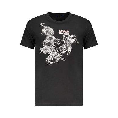 Cavalli Class Black Cotton Men T-Shirt with striking print and logo, designed for bold fashion lovers seeking luxury with an edge.