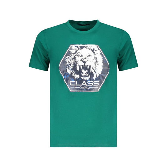 Cavalli Class Green Cotton T-Shirt with lion print and logo, short sleeve, crew neck.