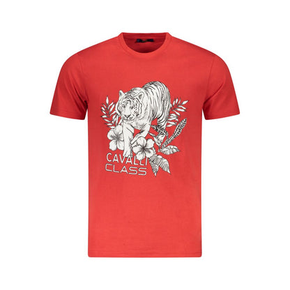 Cavalli Class Red Cotton Men T-Shirt with bold tiger and floral print, premium cotton material, luxury fashion for casual style.