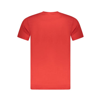 Cavalli Class Red Cotton Men T-Shirt, back view in vibrant red, bold print, luxury fashion for stylish men, short-sleeve crew-neck.